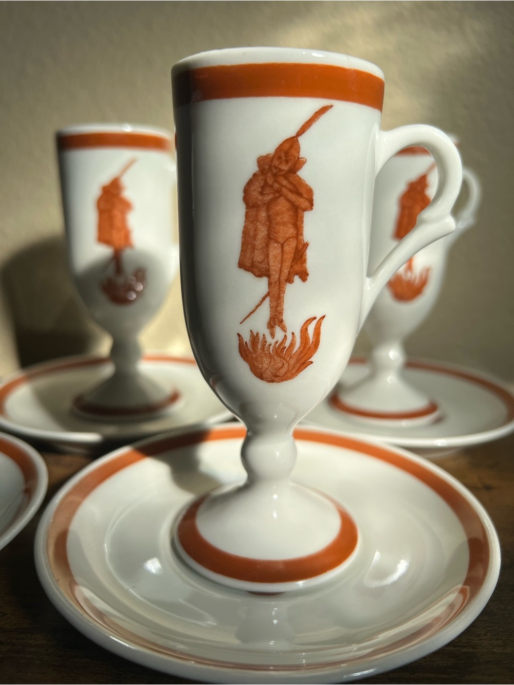 Cafe Brulot Loubat Flaming Devil Pedestal Demitasse Cups & Saucers